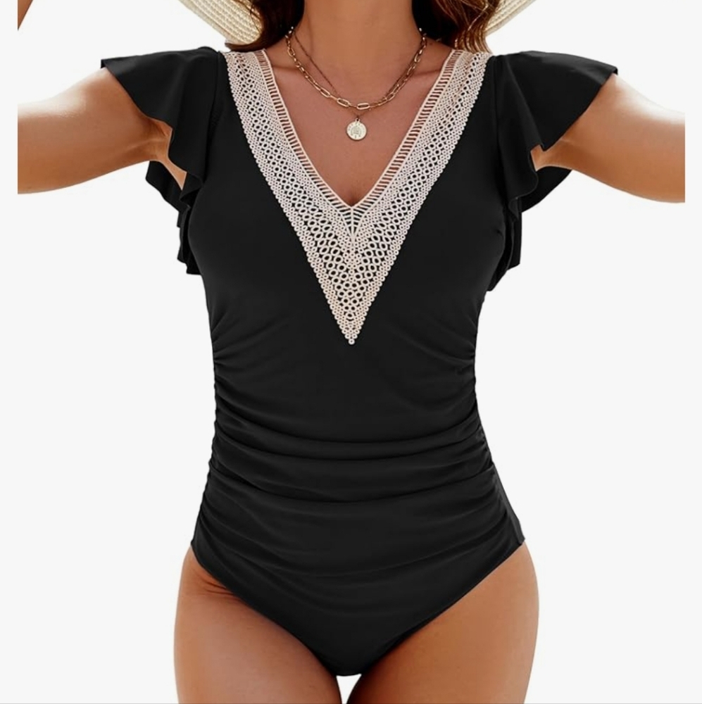 Black ruffle sleeved one-piece tummy control swimsuit with lace V-neck - medium